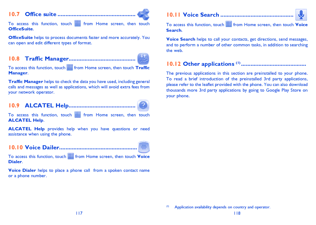Alcatel ONE TOUCH 903/903D manual Office suite, Traffic Manager, Alcatel Help, Voice Dailer, Other applications 