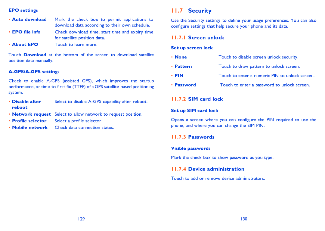 Alcatel ONE TOUCH 903/903D manual Security, Screen unlock, SIM card lock, Passwords, Device administration 