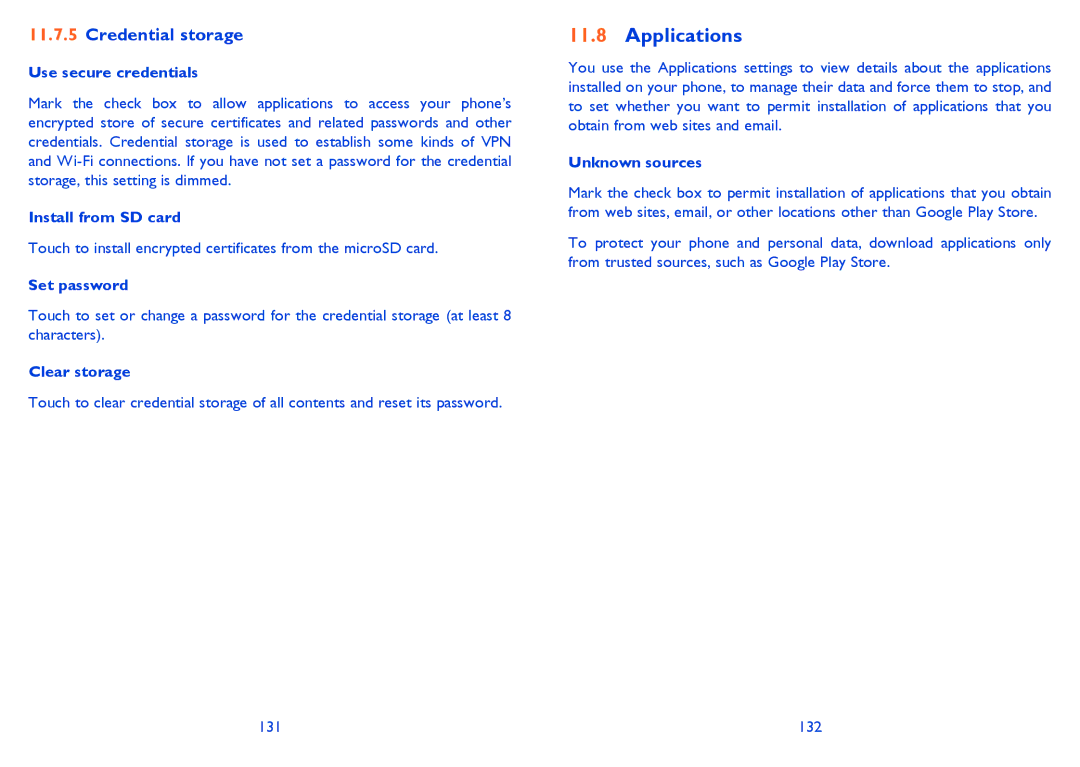 Alcatel ONE TOUCH 903/903D manual Applications, Credential storage 