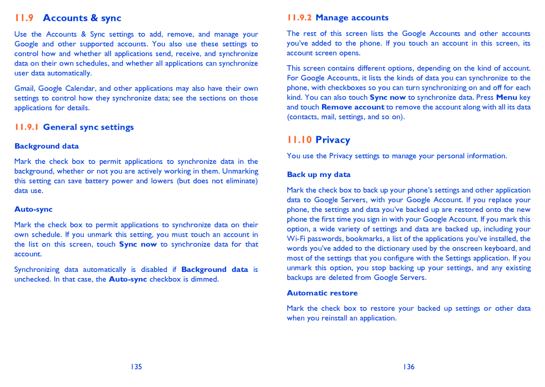 Alcatel ONE TOUCH 903/903D manual Accounts & sync, Privacy, General sync settings, Manage accounts 