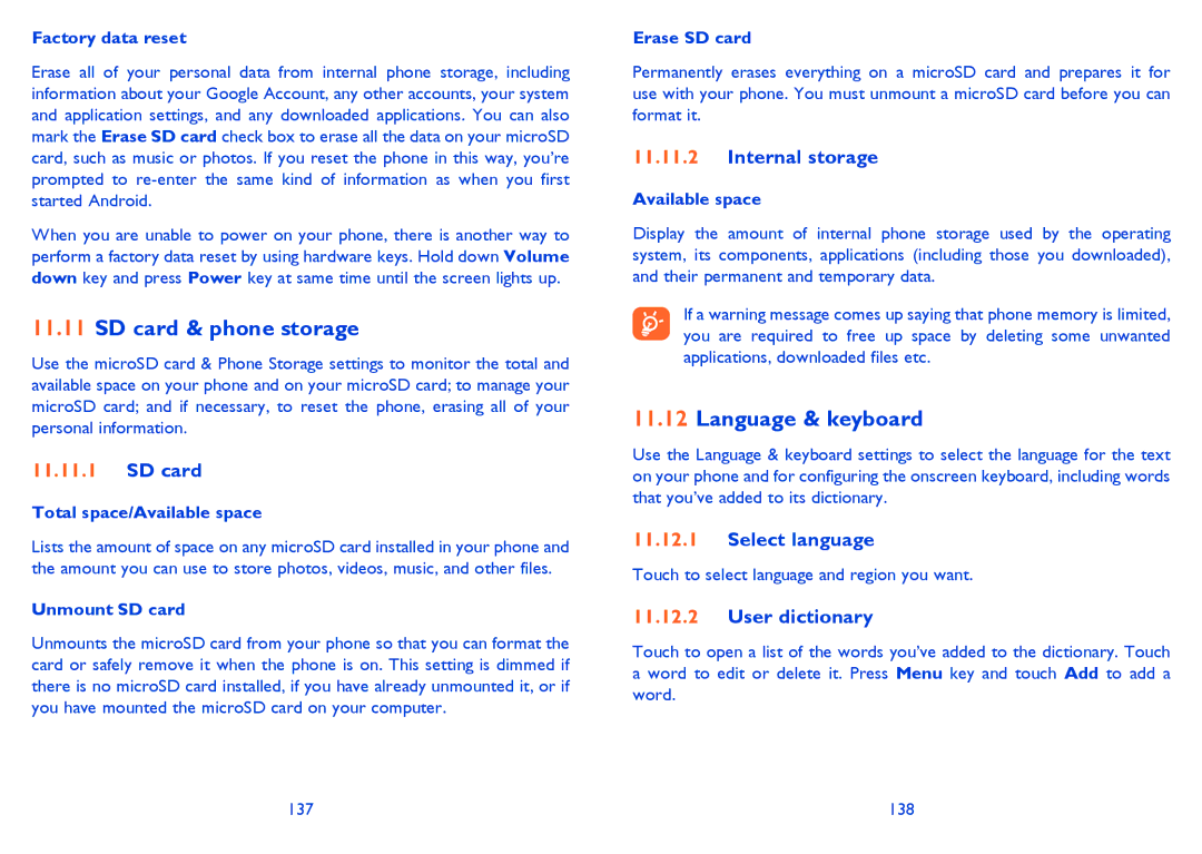 Alcatel ONE TOUCH 903/903D manual SD card & phone storage, Language & keyboard 