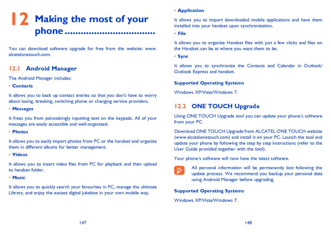 Alcatel ONE TOUCH 903/903D manual Making the most of your Phone, Android Manager, ONE Touch Upgrade 