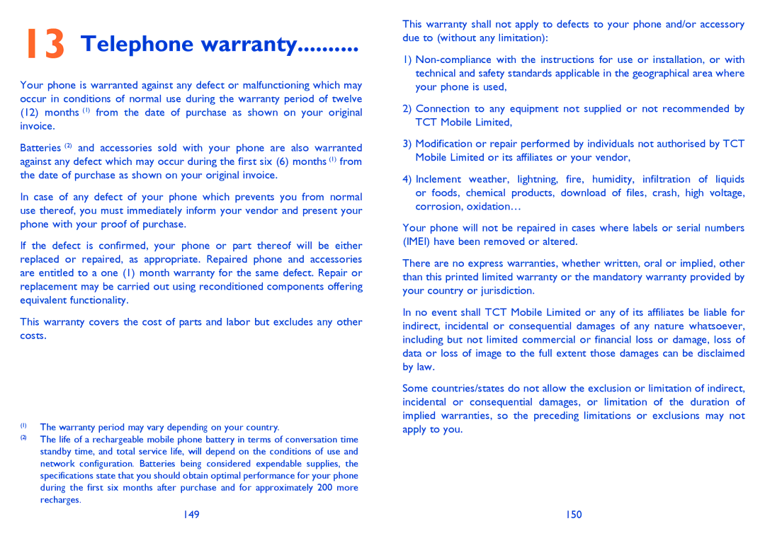 Alcatel ONE TOUCH 903/903D manual Telephone warranty 