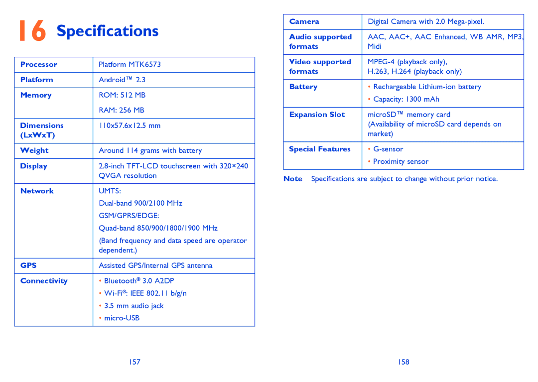 Alcatel ONE TOUCH 903/903D manual Specifications 