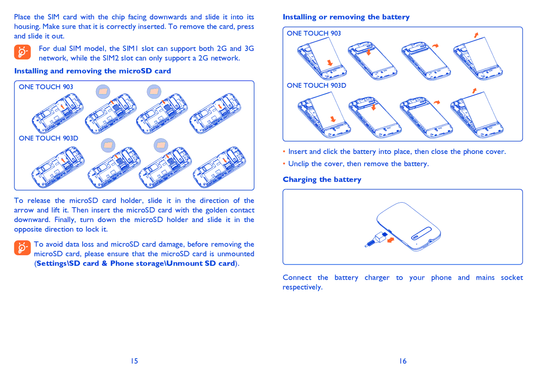 Alcatel ONE TOUCH 903/903D manual Installing and removing the microSD card, Installing or removing the battery 