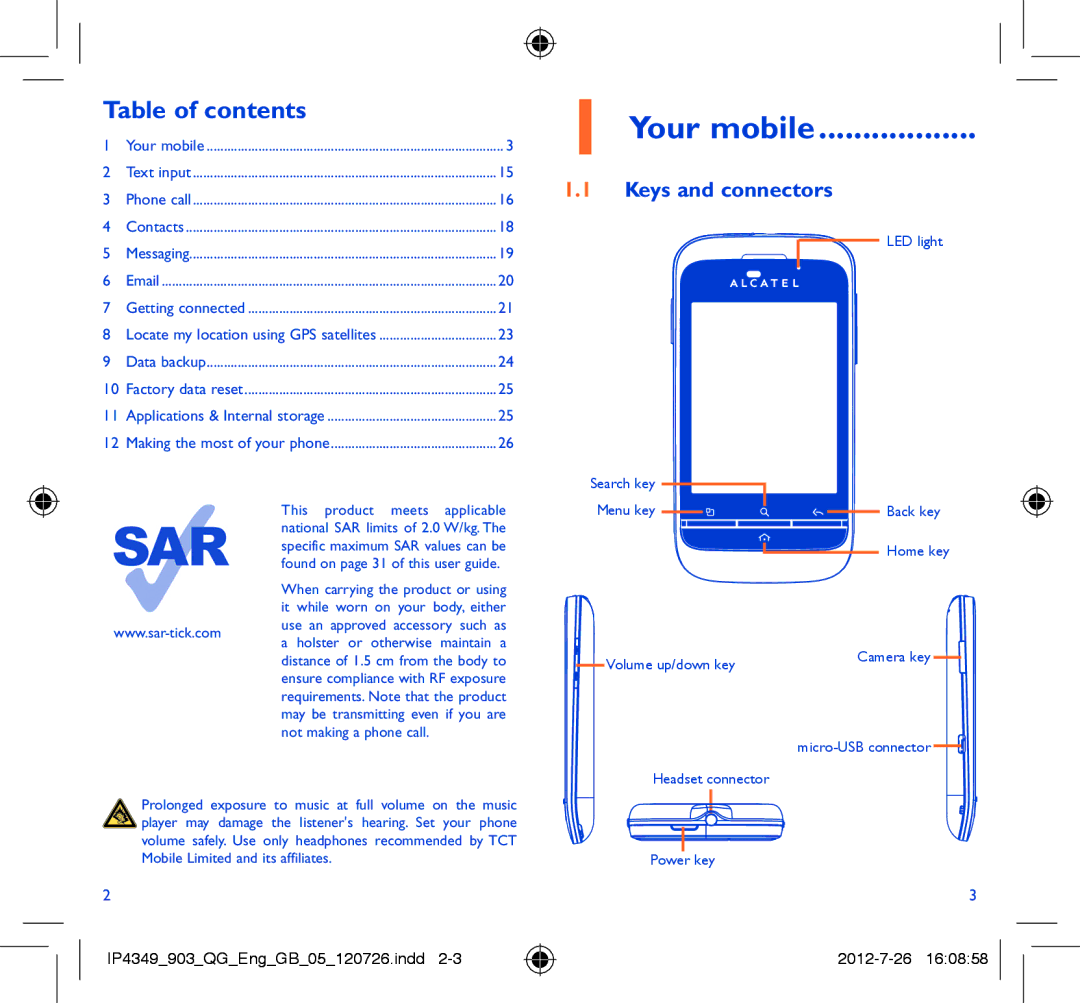 Alcatel ONE TOUCH 903/903D manual Your mobile, Table of contents 