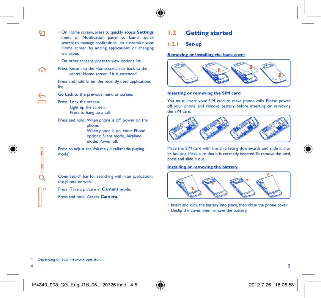 Alcatel ONE TOUCH 903/903D manual Getting started, Set-up, Installing or removing the battery 