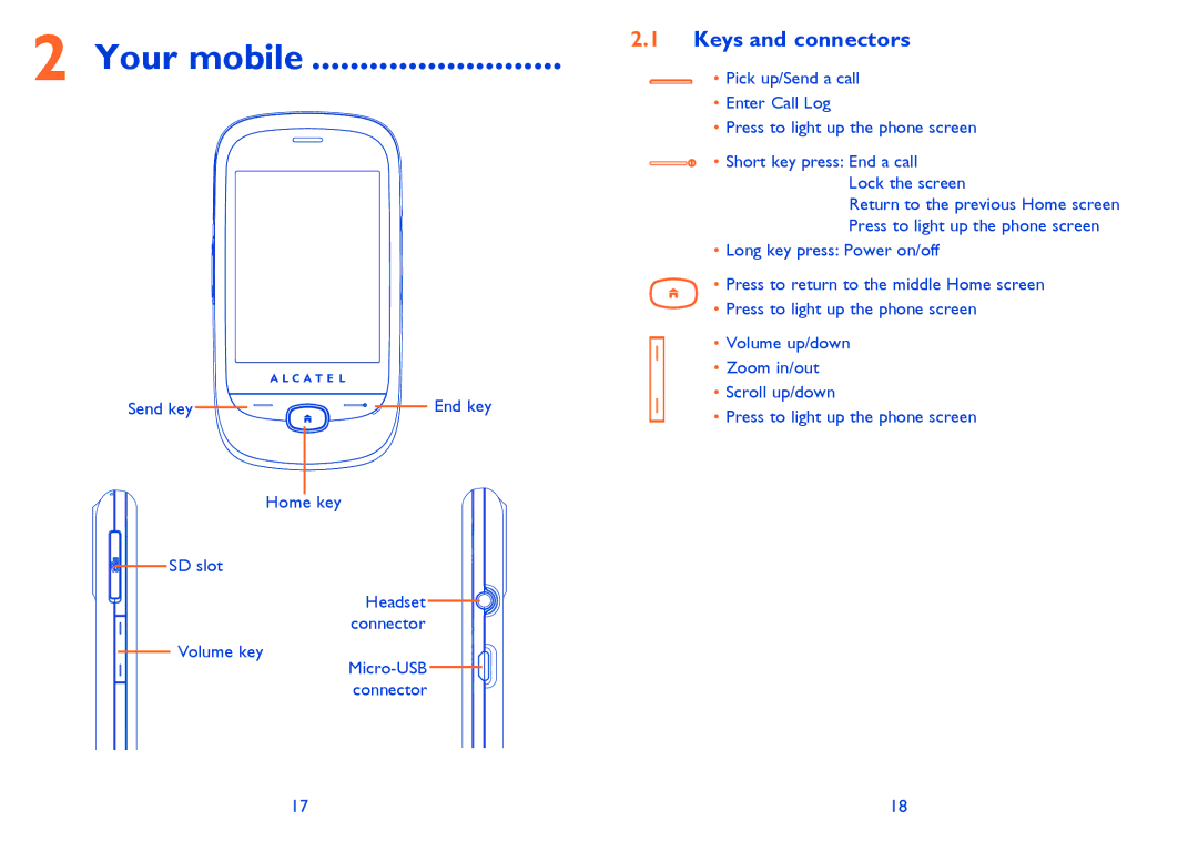 Alcatel ONE TOUCH 907/907D, ONE TOUCH 905 manual Your mobile, Keys and connectors, Send key 