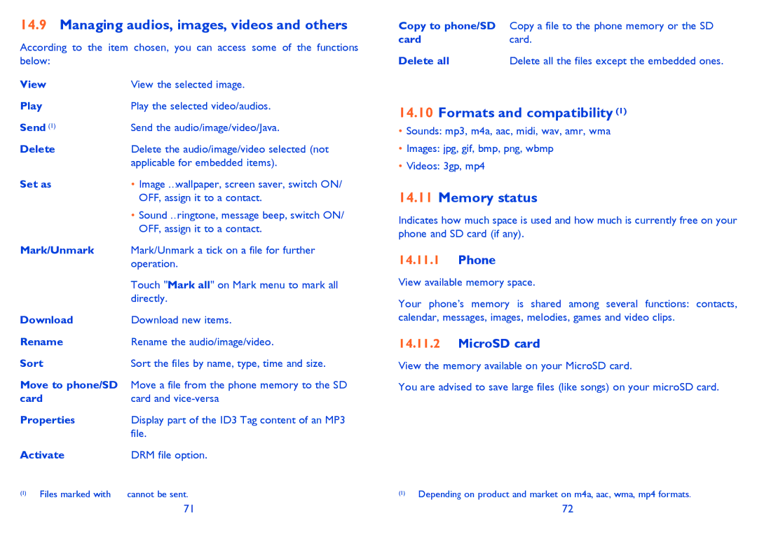 Alcatel ONE TOUCH 905 manual Managing audios, images, videos and others, Formats and compatibility, Memory status, Phone 