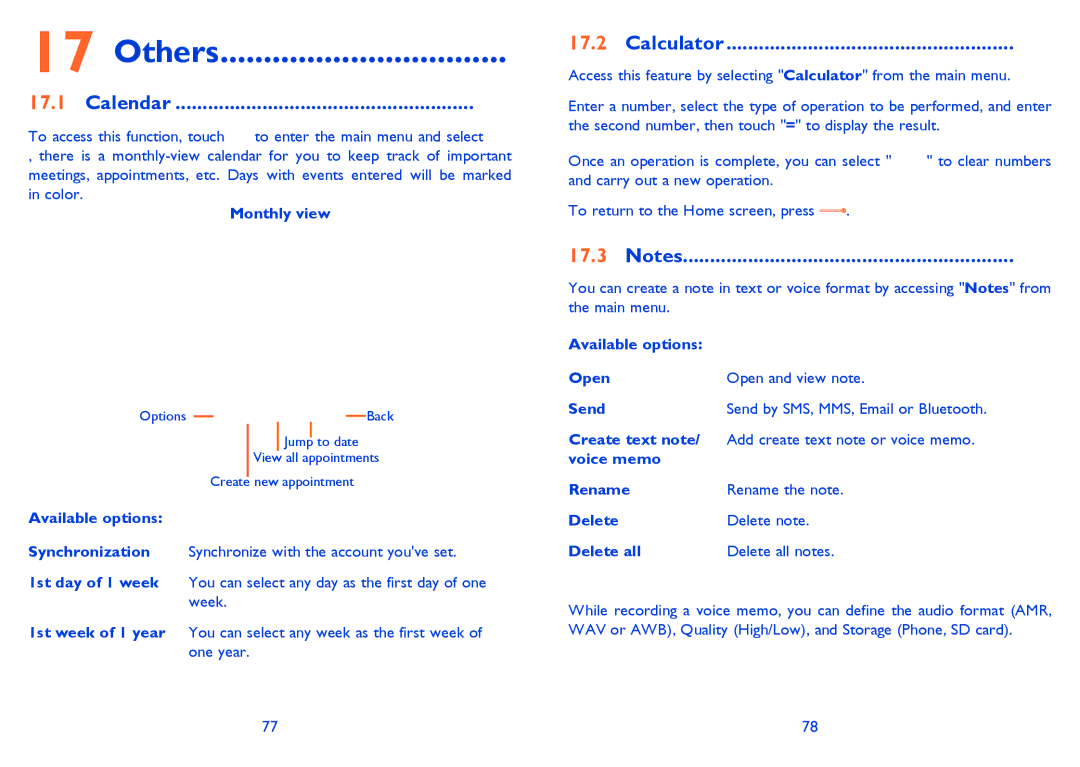 Alcatel ONE TOUCH 907/907D, ONE TOUCH 905 manual Others, Calendar, Calculator 
