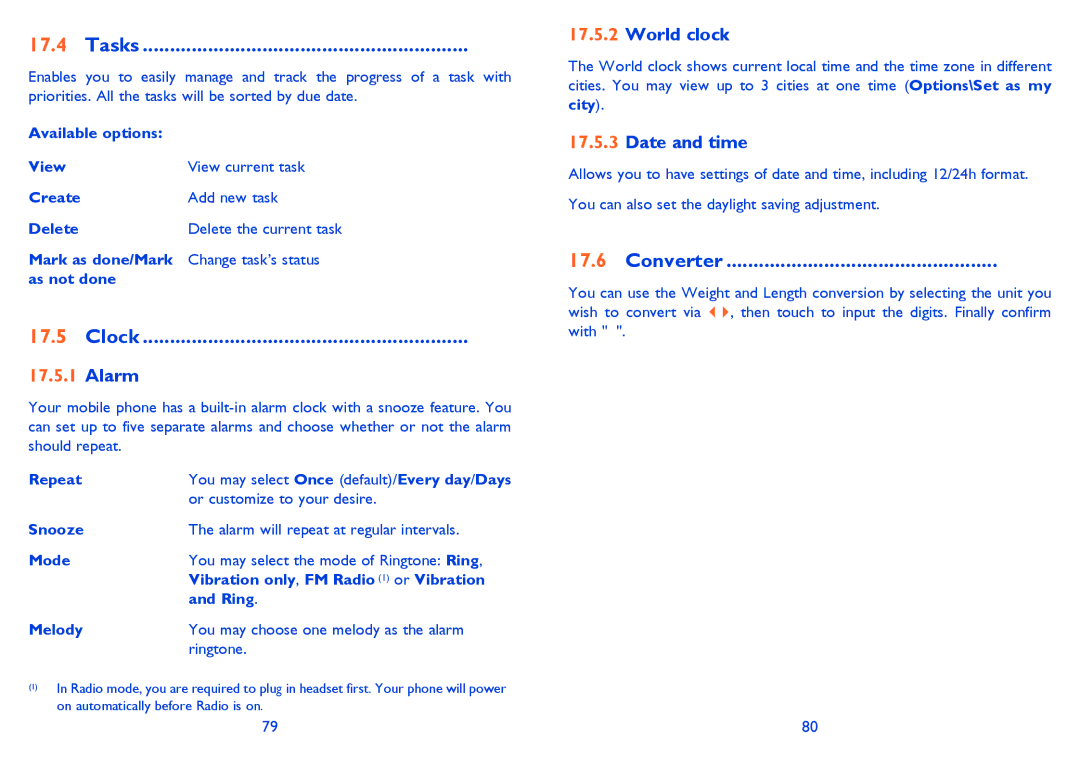 Alcatel ONE TOUCH 905, ONE TOUCH 907/907D manual Tasks, Converter, Alarm, World clock, Date and time 