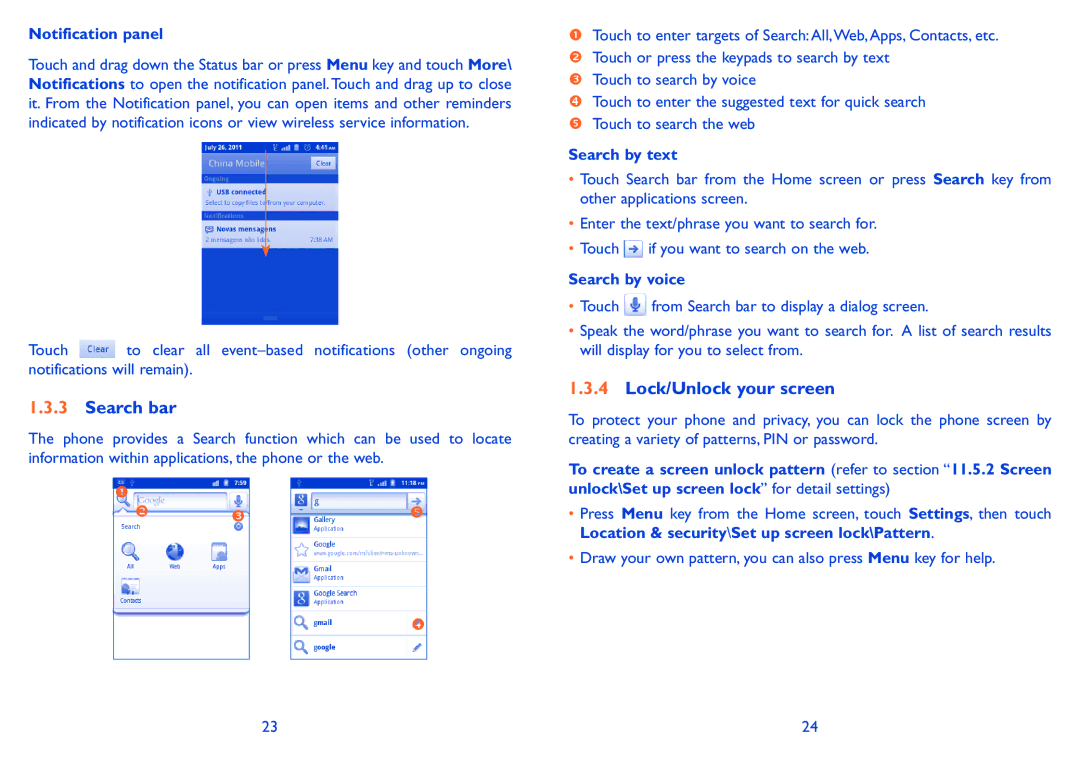 Alcatel ONE TOUCH 910 manual Search bar, Lock/Unlock your screen, Notification panel, Search by text, Search by voice 