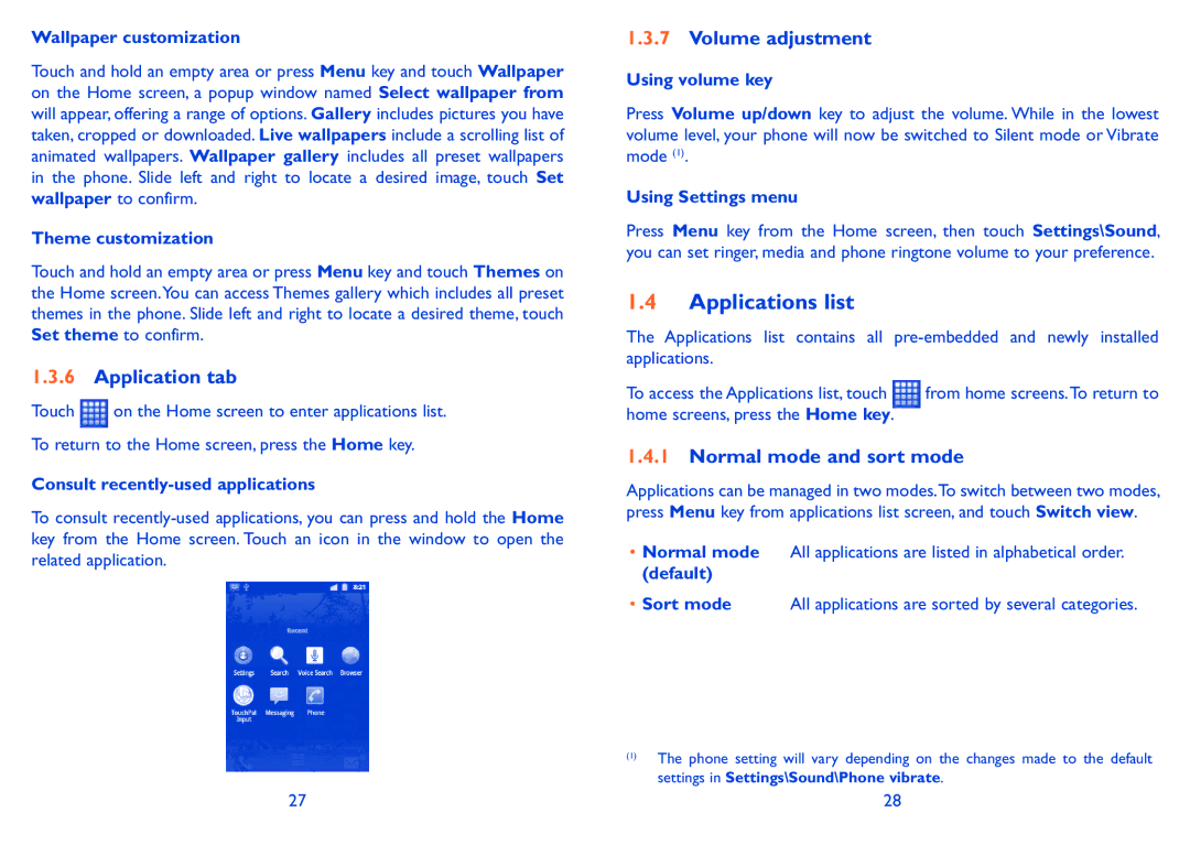 Alcatel ONE TOUCH 910 manual Applications list, Application tab, Volume adjustment, Normal mode and sort mode 