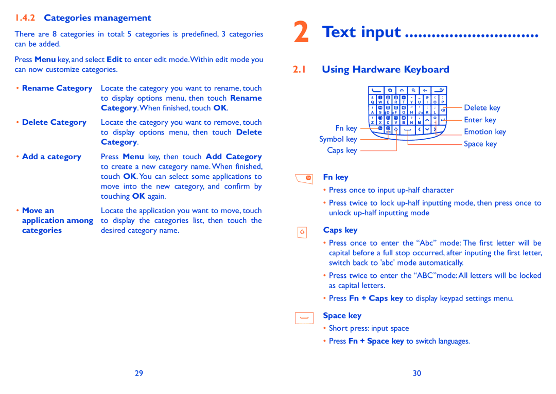 Alcatel ONE TOUCH 910 manual Text input, Using Hardware Keyboard, Categories management 