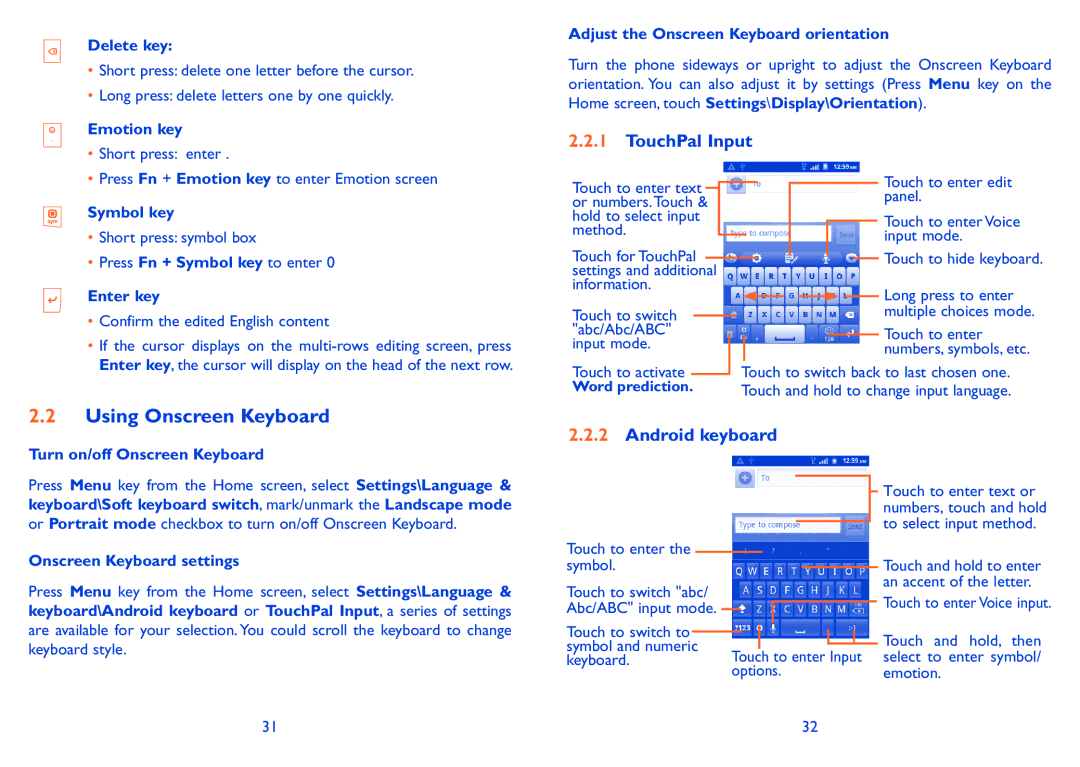 Alcatel ONE TOUCH 910 manual Using Onscreen Keyboard, TouchPal Input, Android keyboard 