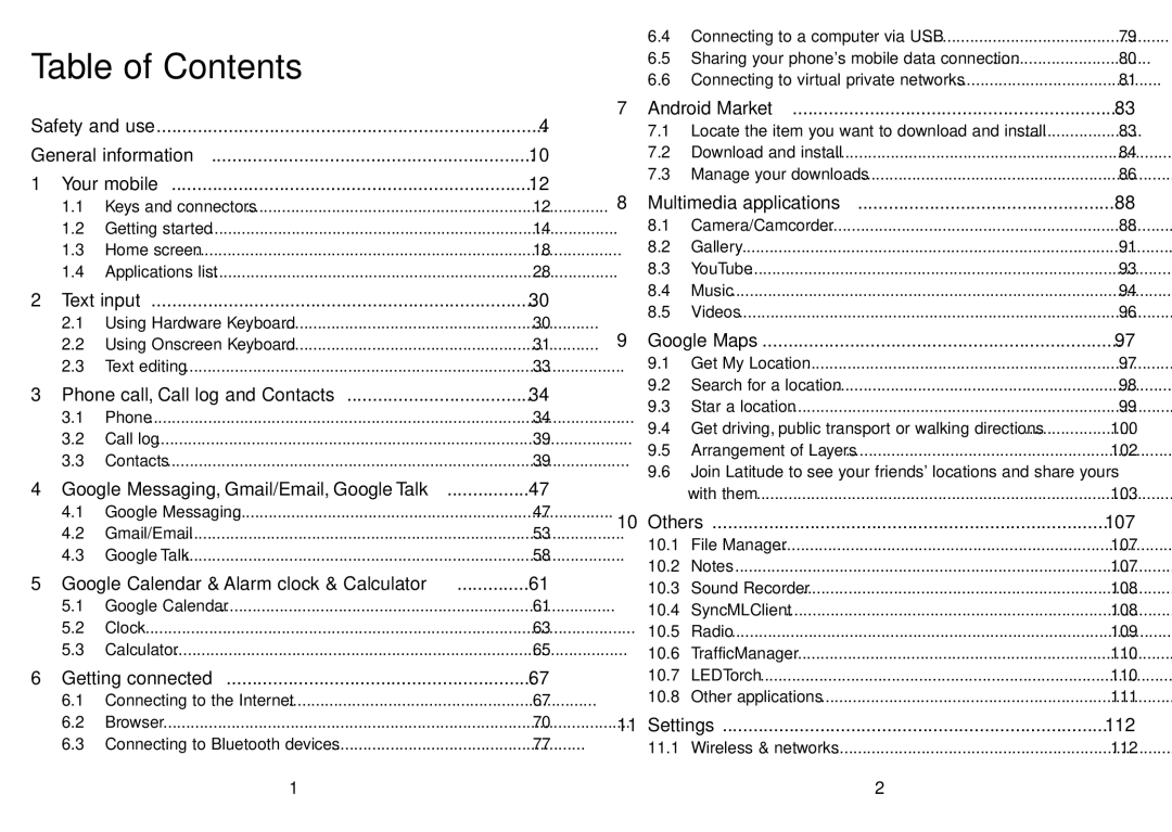 Alcatel ONE TOUCH 910 manual Table of Contents 