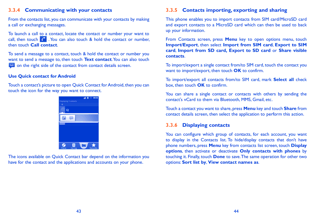 Alcatel ONE TOUCH 910 Communicating with your contacts, Contacts importing, exporting and sharing, Displaying contacts 