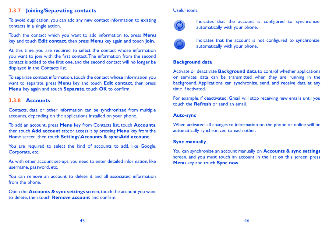 Alcatel ONE TOUCH 910 Joining/Separating contacts, Accounts, Background data, Auto-sync, Sync manually 