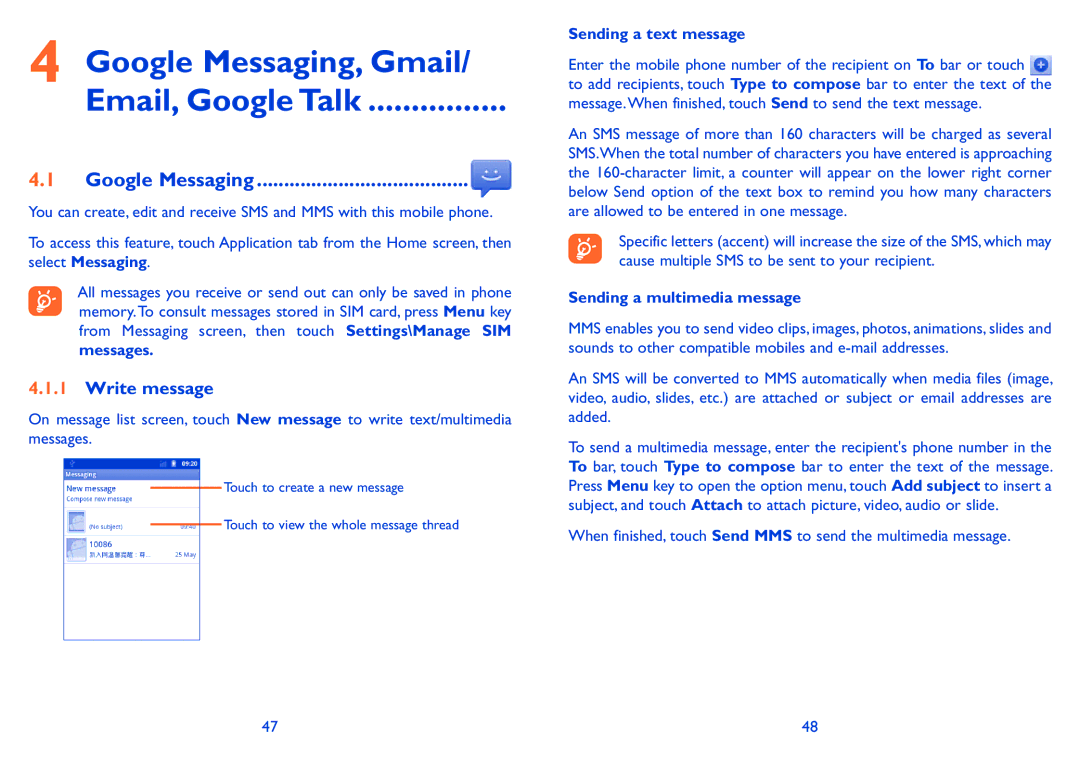 Alcatel ONE TOUCH 910 manual Google Messaging, Gmail Email, Google Talk, Write message, Sending a text message 