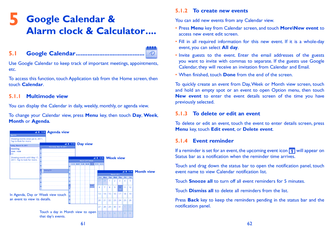 Alcatel ONE TOUCH 910 manual Google Calendar Alarm clock & Calculator 