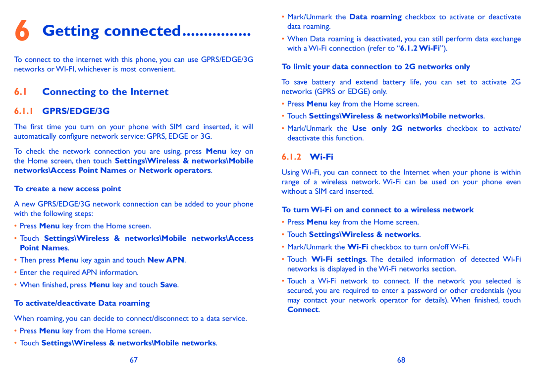 Alcatel ONE TOUCH 910 manual Getting connected, Connecting to the Internet, GPRS/EDGE/3G, Wi-Fi 