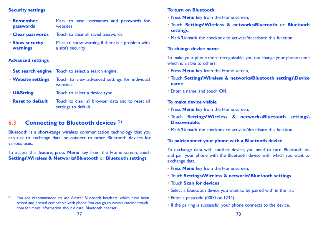 Alcatel ONE TOUCH 910 manual Connecting to Bluetooth devices 