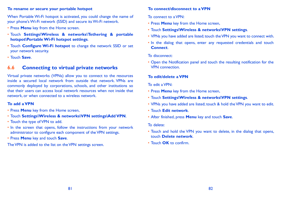 Alcatel ONE TOUCH 910 manual Connecting to virtual private networks 