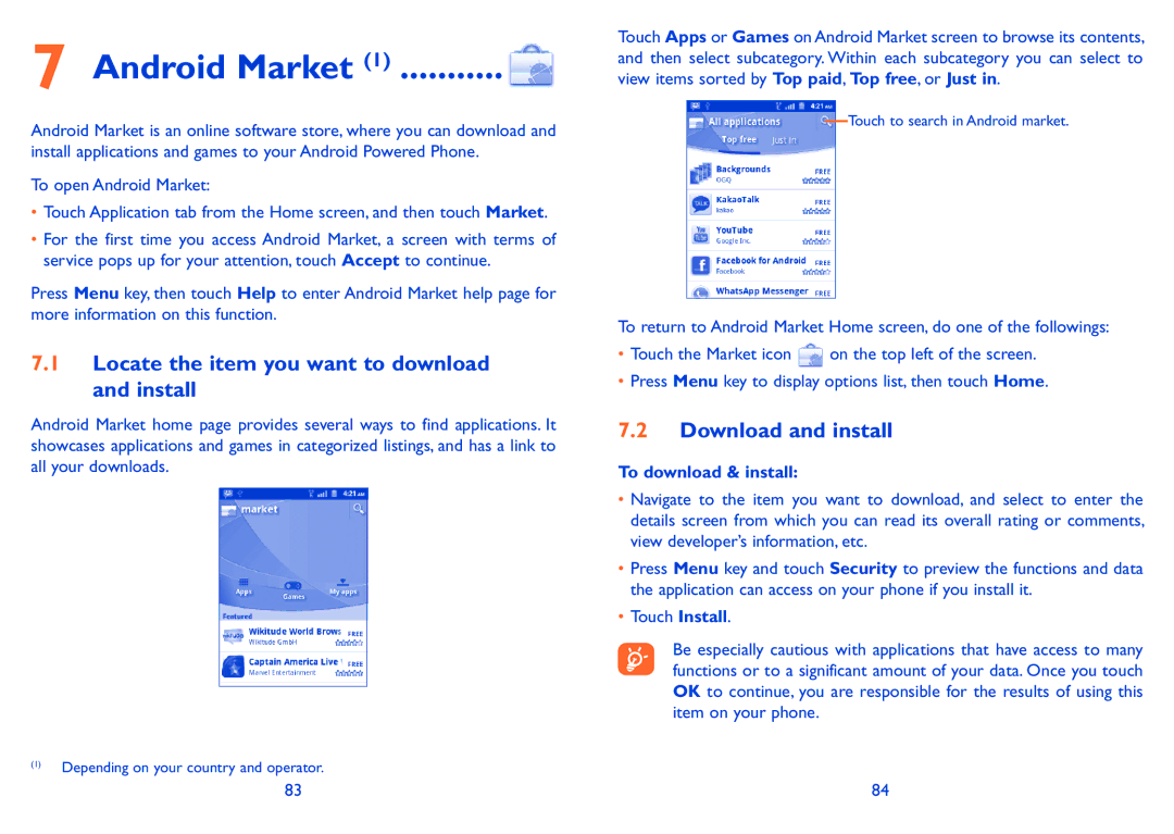 Alcatel ONE TOUCH 910 manual Android Market, Locate the item you want to download and install, Download and install 