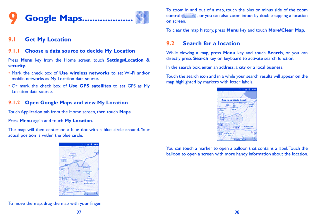 Alcatel ONE TOUCH 910 Google Maps, Get My Location, Search for a location, Choose a data source to decide My Location 