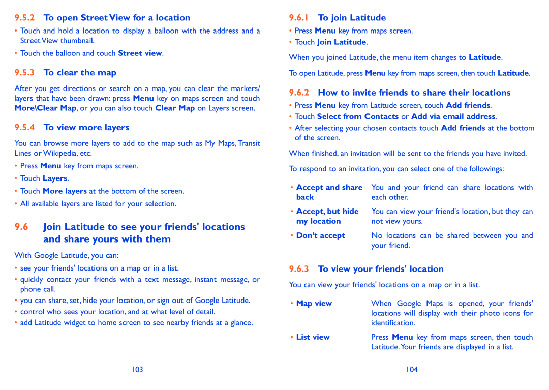 Alcatel ONE TOUCH 910 manual To open Street View for a location, To clear the map, To view more layers, To join Latitude 