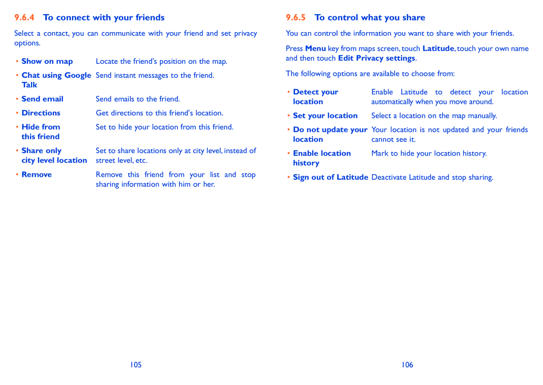 Alcatel ONE TOUCH 910 manual To connect with your friends, To control what you share, Location, 106 