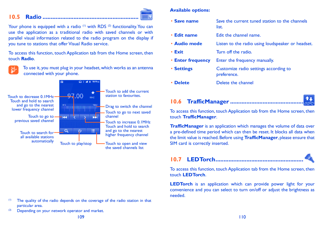 Alcatel ONE TOUCH 910 manual Radio, TrafficManager, LEDTorch 