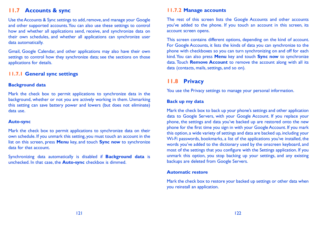 Alcatel ONE TOUCH 910 manual Accounts & sync, Privacy, General sync settings, Manage accounts 