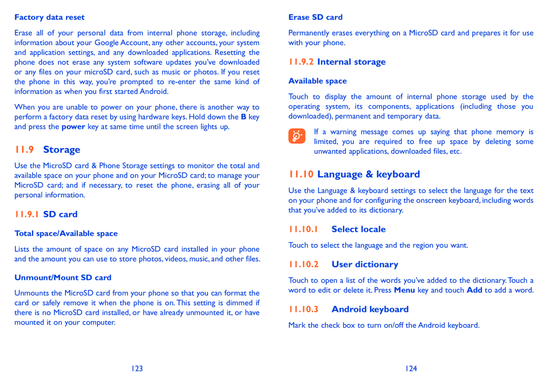 Alcatel ONE TOUCH 910 manual Storage, Language & keyboard 