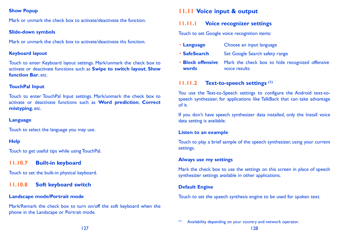 Alcatel ONE TOUCH 910 manual Voice input & output, Built-in keyboard, Soft keyboard switch, Voice recognizer settings 