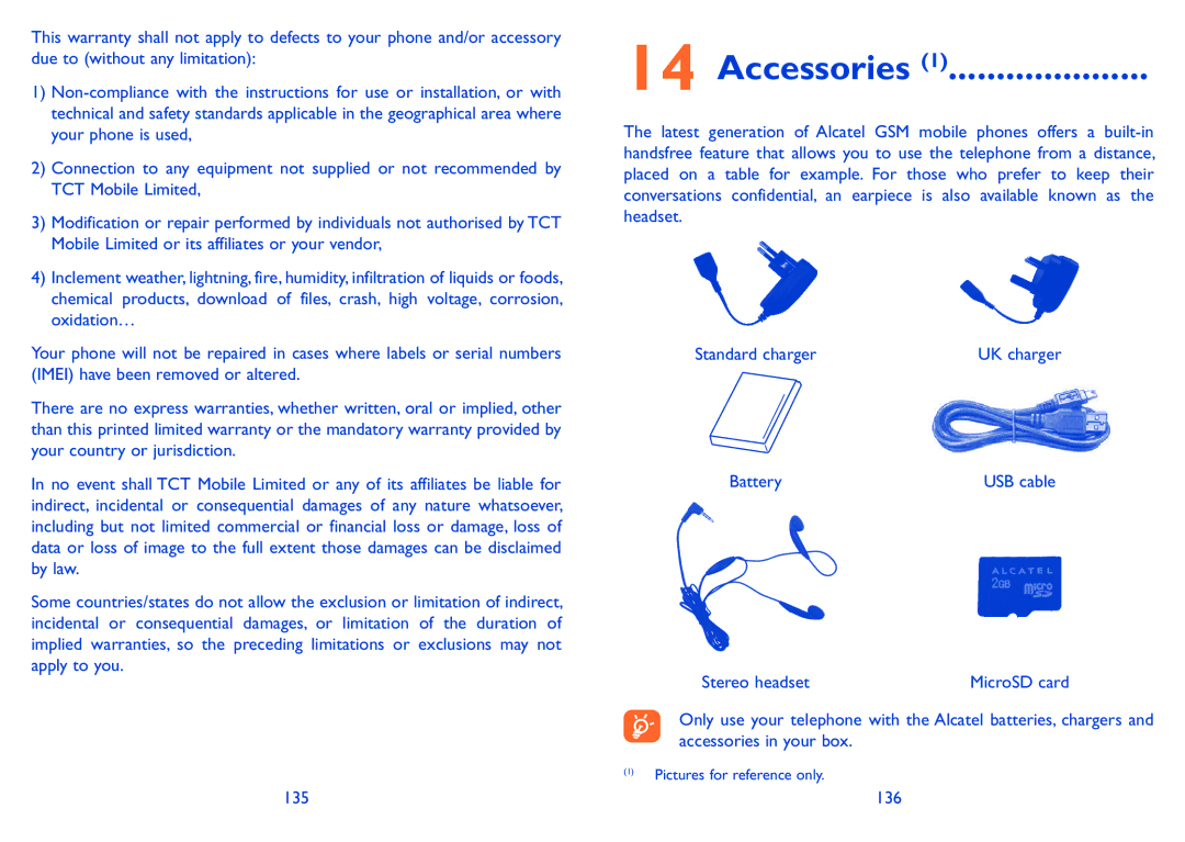 Alcatel ONE TOUCH 910 manual Accessories, Battery, Stereo headset, 136 