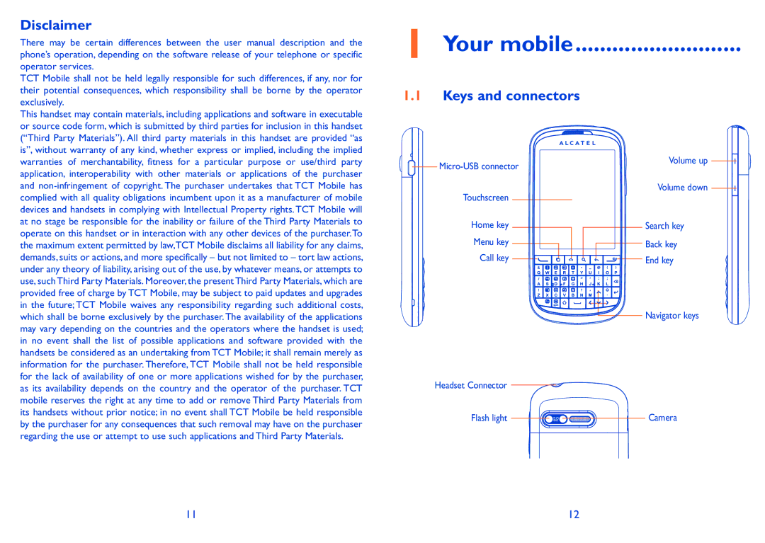 Alcatel ONE TOUCH 910 manual Your mobile, Disclaimer, Keys and connectors 