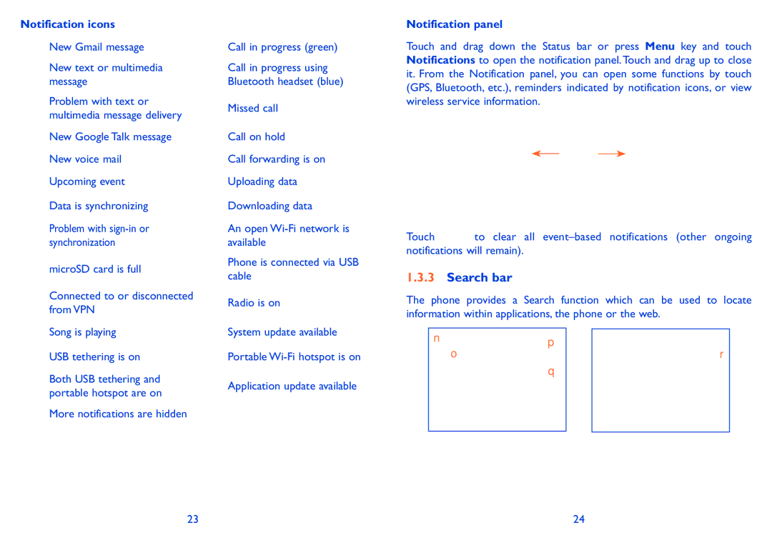 Alcatel ONE TOUCH 916/916D manual Search bar, Notification icons, Notification panel 