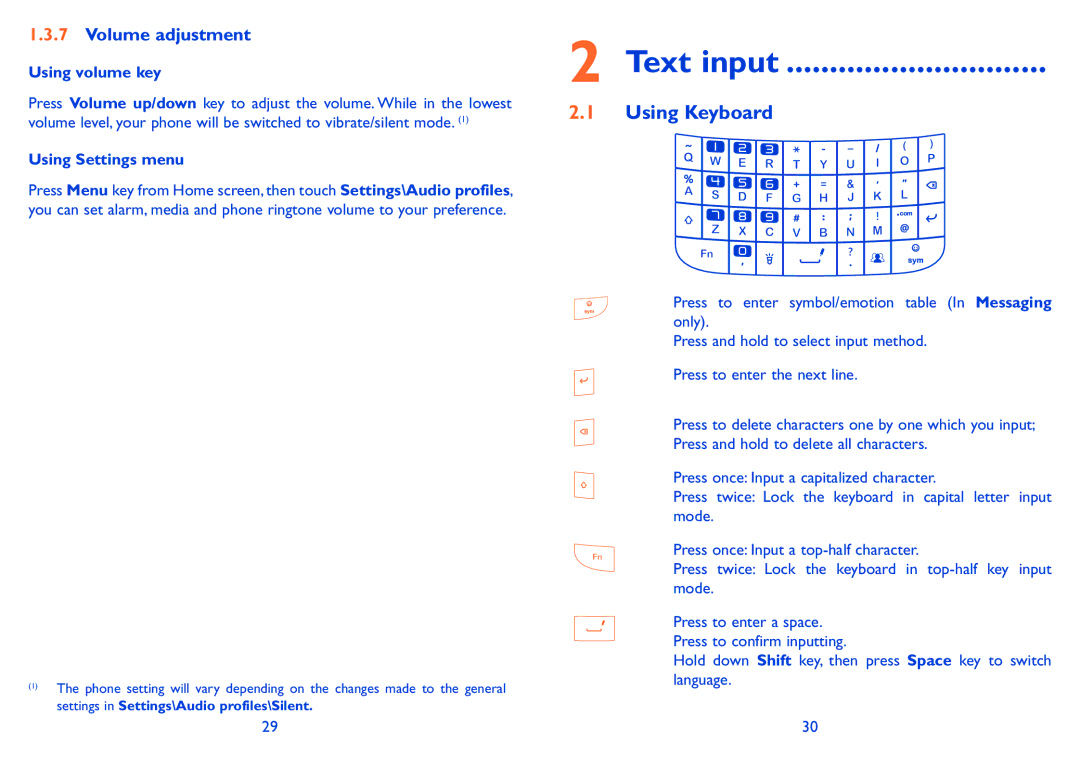 Alcatel ONE TOUCH 916/916D manual Text input, Using Keyboard, Volume adjustment, Using volume key, Using Settings menu 