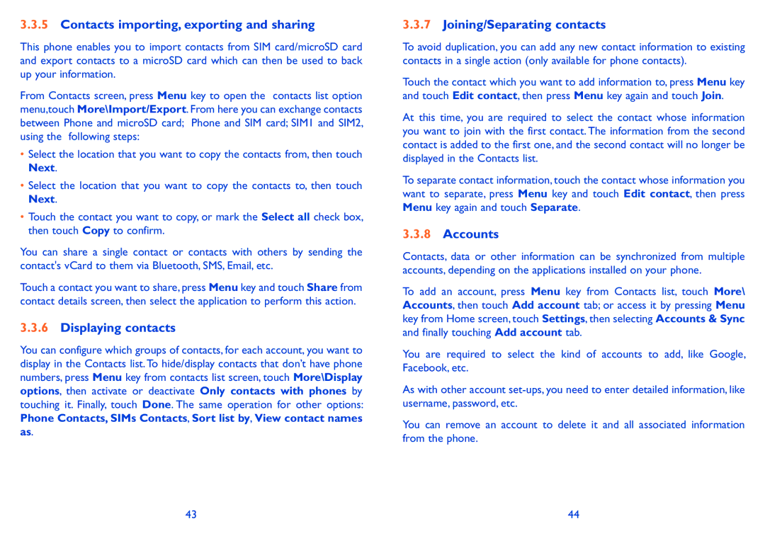 Alcatel ONE TOUCH 916/916D Contacts importing, exporting and sharing, Displaying contacts, Joining/Separating contacts 