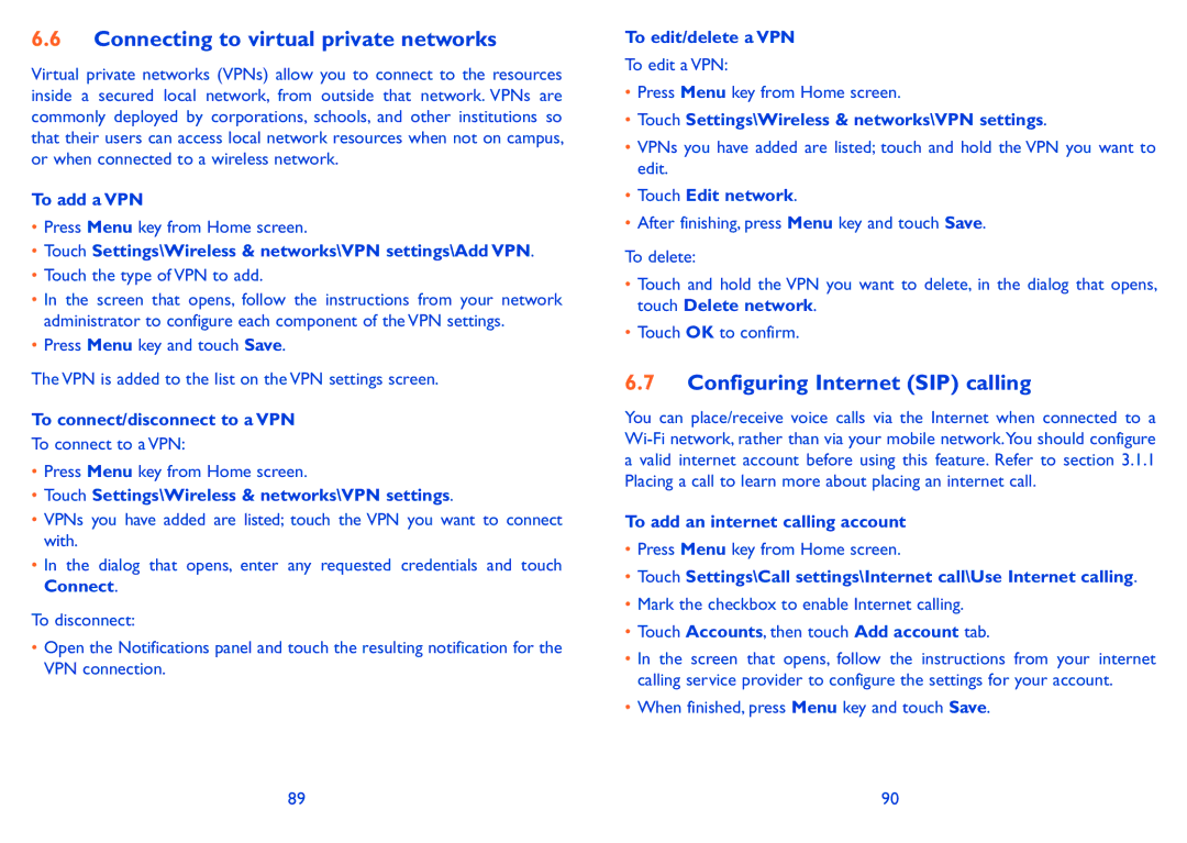 Alcatel ONE TOUCH 916/916D manual Connecting to virtual private networks, Configuring Internet SIP calling 