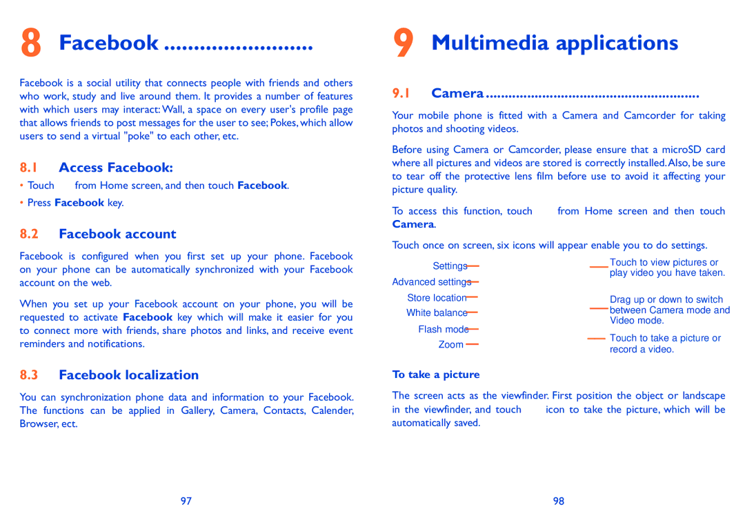 Alcatel ONE TOUCH 916/916D manual Facebook, Multimedia applications 