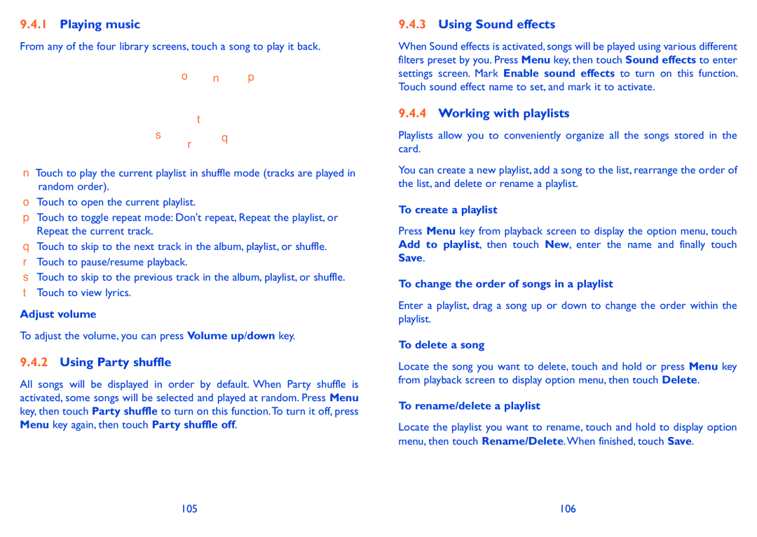 Alcatel ONE TOUCH 916/916D manual Playing music, Using Party shuffle, Using Sound effects, Working with playlists 
