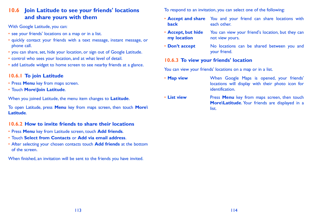Alcatel ONE TOUCH 916/916D To join Latitude, How to invite friends to share their locations, To view your friends location 