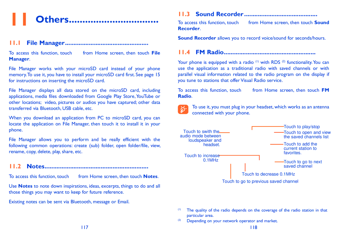Alcatel ONE TOUCH 916/916D manual Others, File Manager, Sound Recorder, FM Radio 