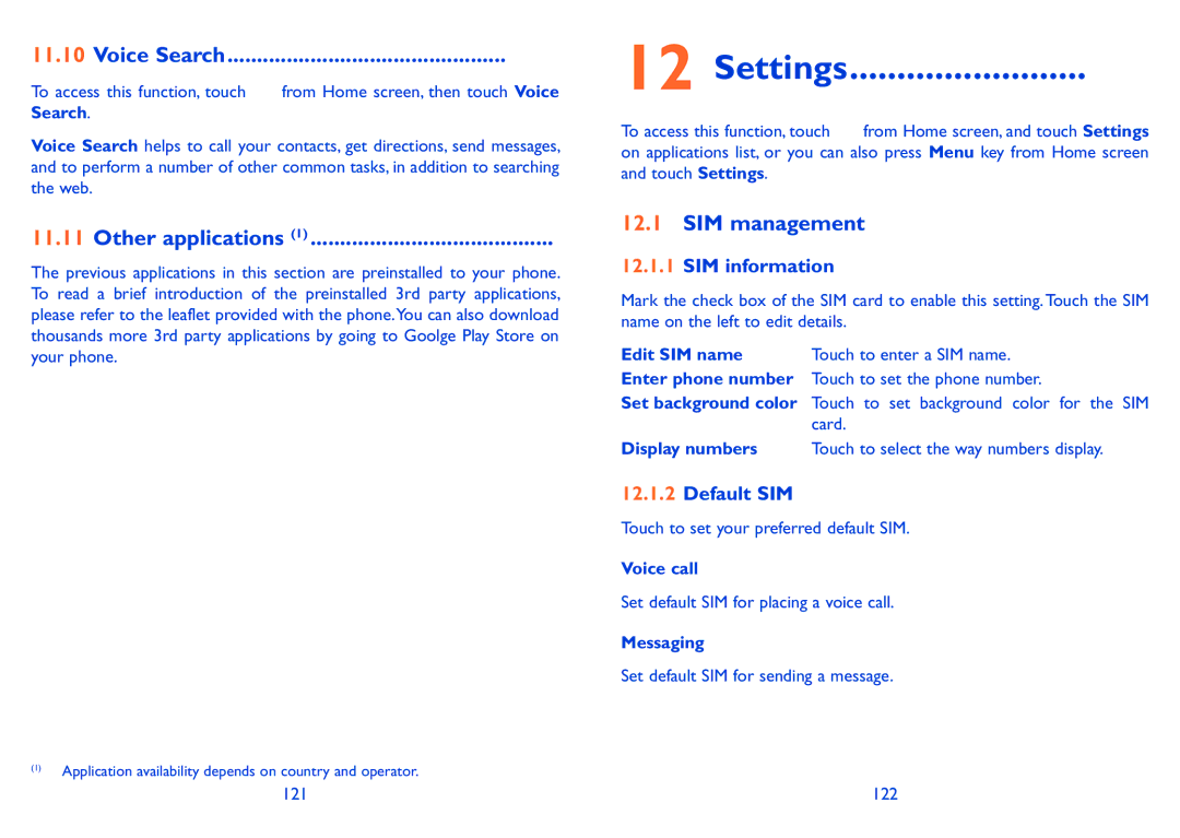 Alcatel ONE TOUCH 916/916D manual Settings, Voice Search, Other applications, SIM management 