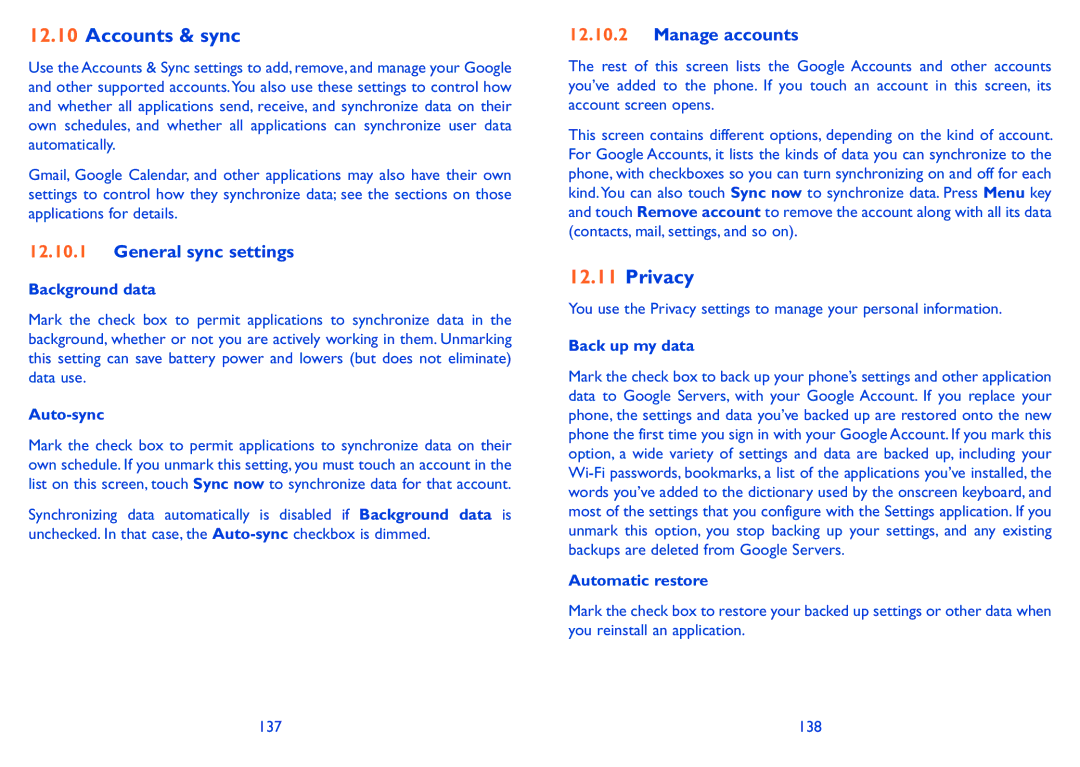 Alcatel ONE TOUCH 916/916D manual Accounts & sync, Privacy, General sync settings, Manage accounts 