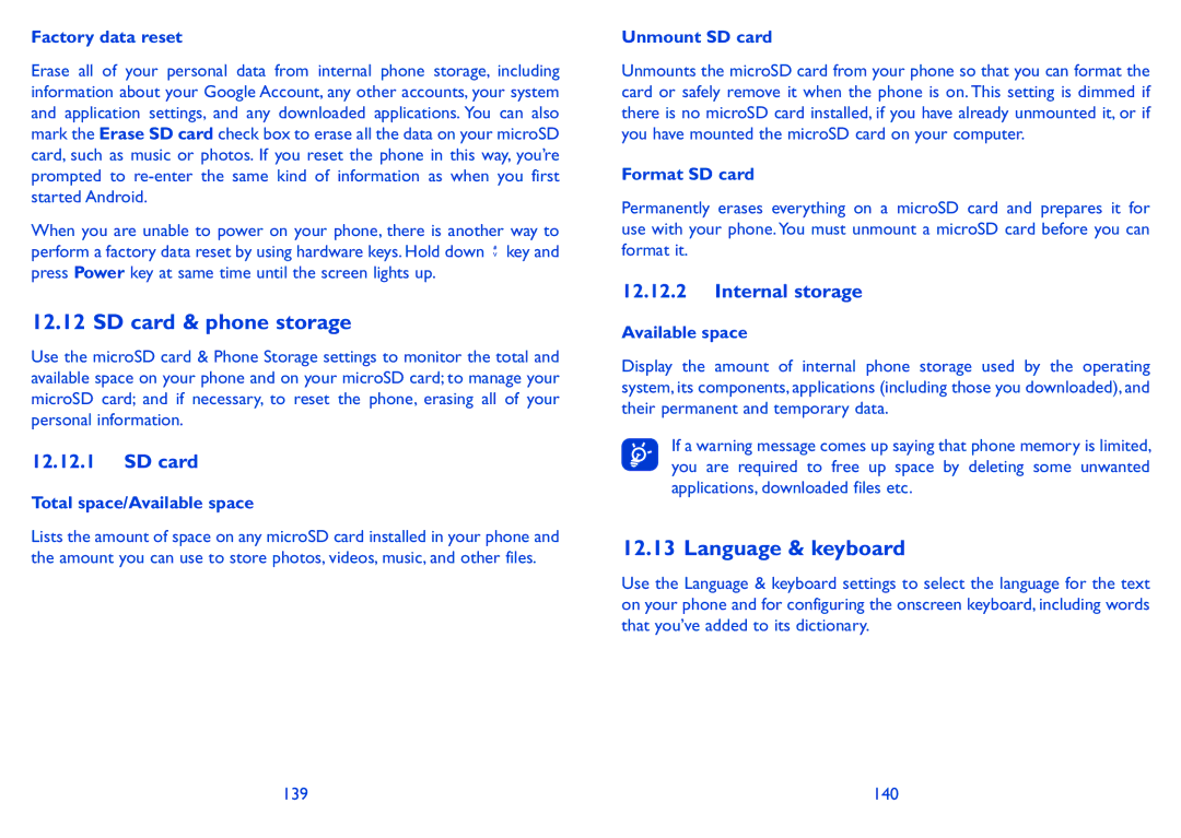 Alcatel ONE TOUCH 916/916D manual SD card & phone storage, Language & keyboard, Internal storage 