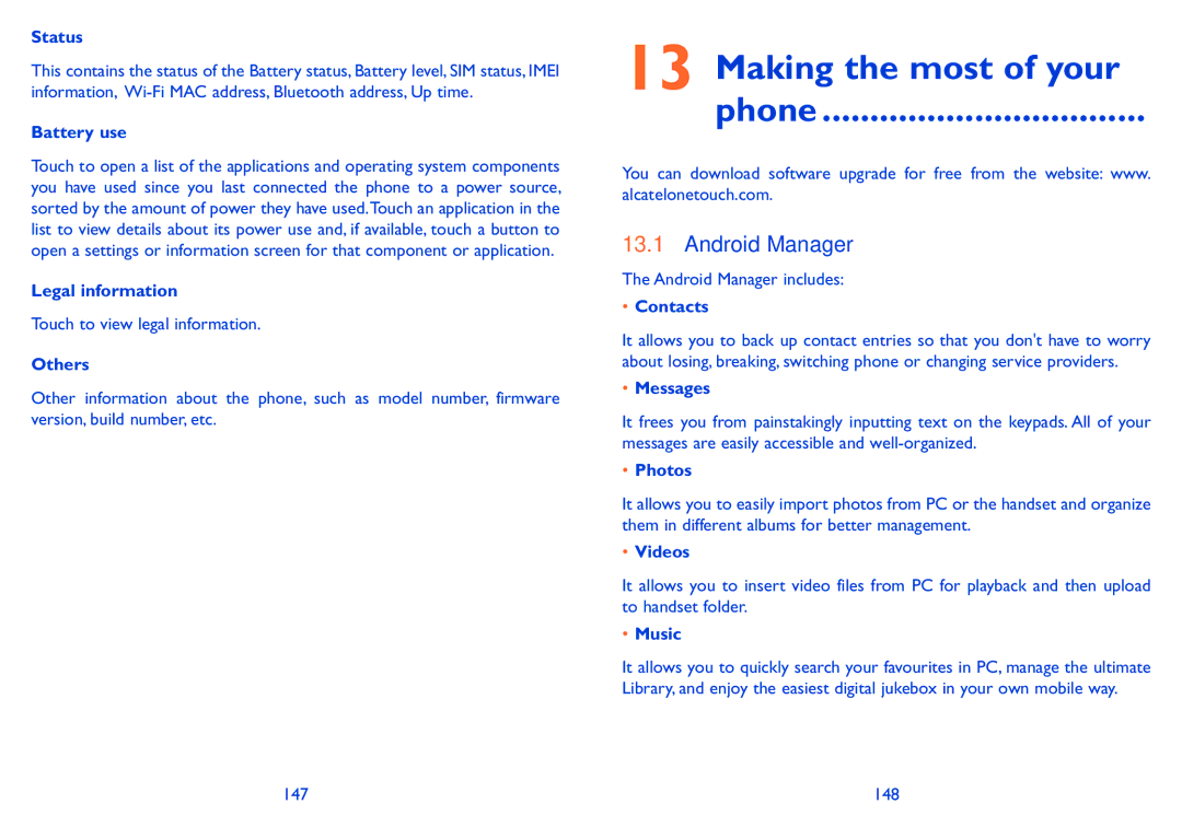 Alcatel ONE TOUCH 916/916D manual Making the most of your Phone, Android Manager 