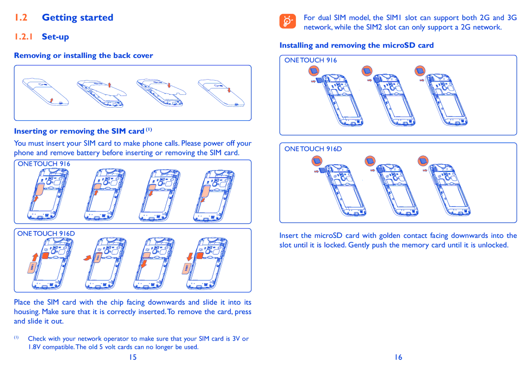 Alcatel ONE TOUCH 916/916D manual Getting started, Set-up, Installing and removing the microSD card 